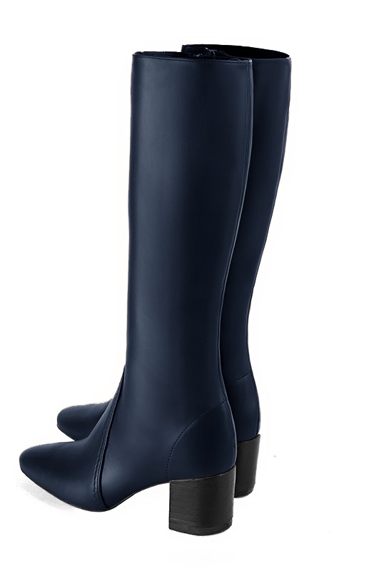 Navy blue women's feminine knee-high boots. Round toe. Medium block heels. Made to measure. Rear view - Florence KOOIJMAN